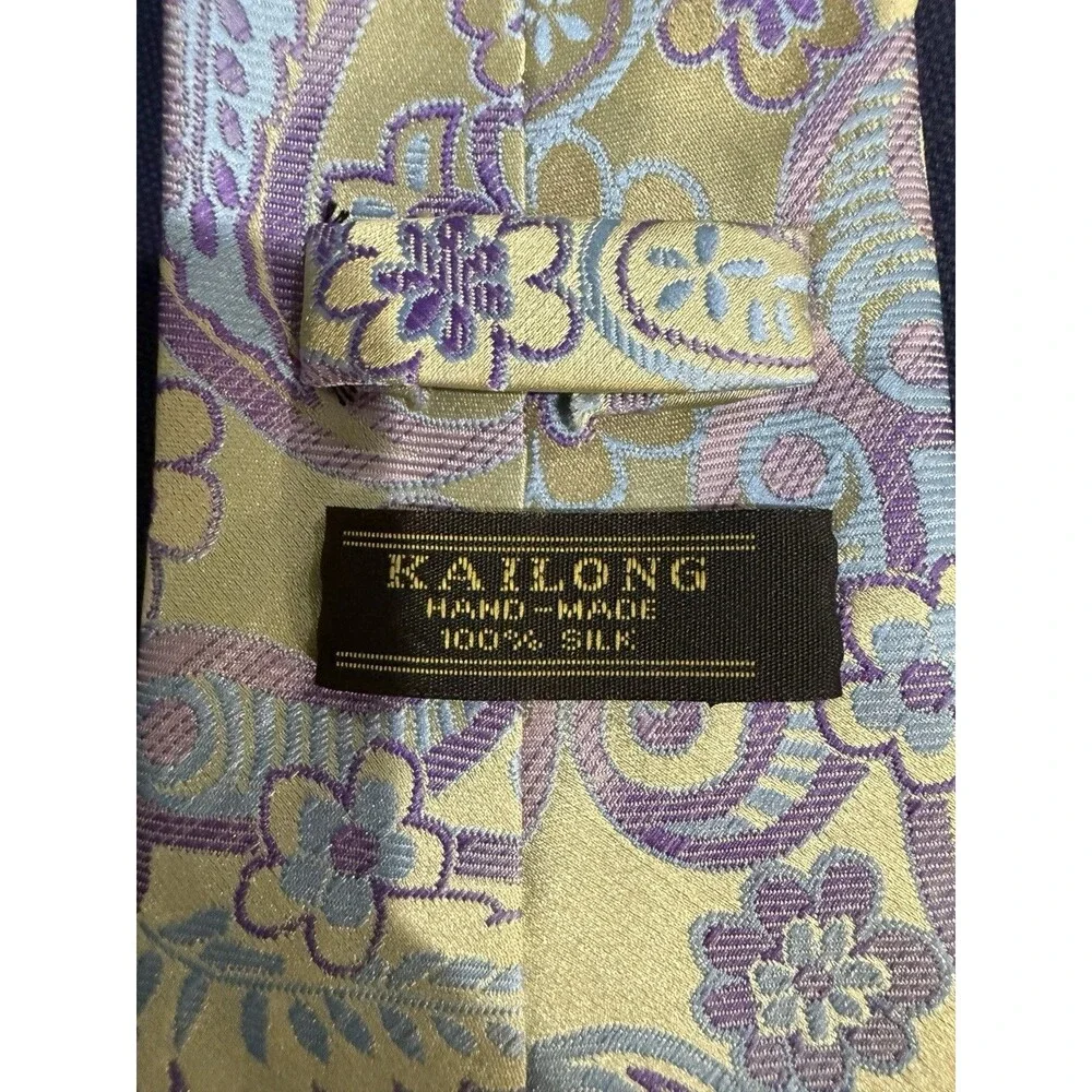Kai Long Tie Necktie 100% Silk Yellow Blue Purple Paisley - Hand Made